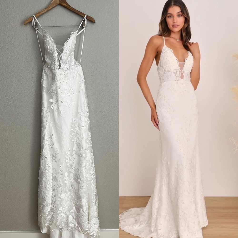 NWOT Enchanting Eternity Ivory Pearl Lace-Up Backless Maxi Dress